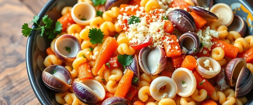 Colorful pasta salad with shells, carrots, parsley, and cheese, homecooked, recipe