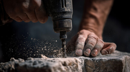 Close up hands of professional worker using a power hammer to drill a hole in a stone