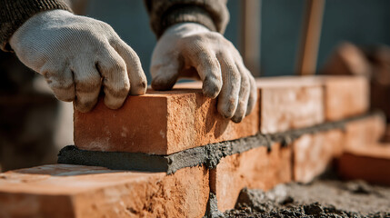 Close up hands of professional worker in white gloves placing a small, terracotta-colored brick into a low wall