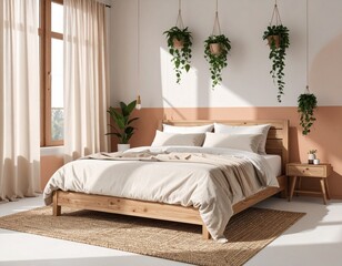 A serene biophilic bedroom with linen bedding in warm beige tones, wooden bed frame, terracotta accent wall, sunlight streaming through sheer curtains, hanging plants above the bed, earthy woven rug, 