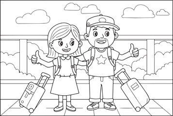 Happy Traveling Cartoon Couple Giving Thumbs Up with Luggage, bl