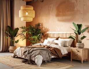 A cozy biophilic bedroom at night with warm amber lighting, rattan pendant lamp above the bed, earthy brown and beige tones, large potted plants beside wooden nightstand, textured terracotta wall, cal