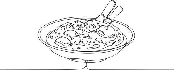 Minimalist line art illustration of Egyptian Molokhia dish in a