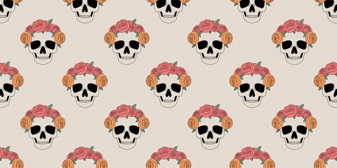Fototapeta premium Seamless pattern of skulls with floral crowns on a light background