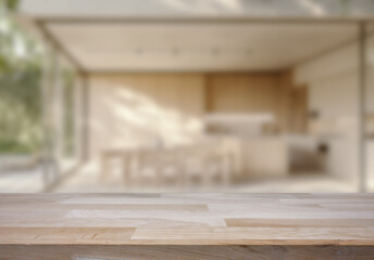 Empty wooden top table with blurred kitchen interior Background. for product display
