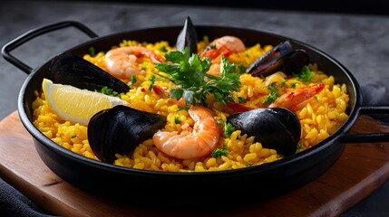Colorful traditional Spanish seafood paella dish