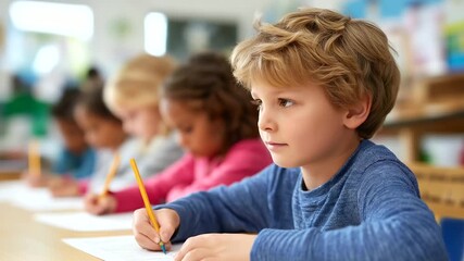 Vibrant lively classroom setting with young students focused on their assignments representing youth education, active learning, academic growth, classroom engagement, knowledge building