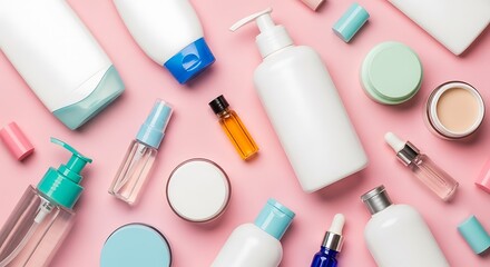 Obraz premium Overhead shot of assorted beauty and skincare products on a pink background flatlay on transparent background