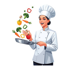 Culinary Artist: A cheerful chef in immaculate attire, expertly tossing fresh, colorful vegetables into the air with a culinary precision, showcasing passion for food.