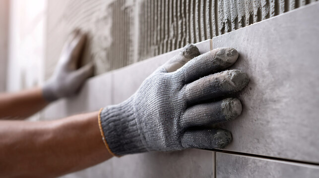 Close up hands of tiler placing in gray gloves tiles on wall with cement