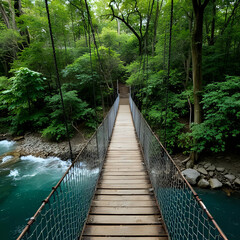 熱帯雨林の中の木製吊り橋が、澄んだ川の上に架かる。背景に濃い緑