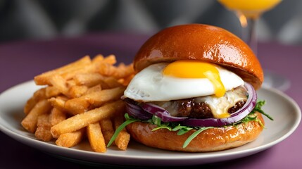 Delicious burger with fries and a fried egg.