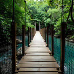 熱帯雨林の中の木製吊り橋が、澄んだ川の上に架かる。背景に濃い緑