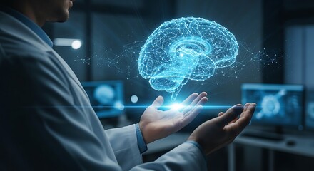 Doctor holding virtual brain hologram for medical innovation and neuroscience research advancement concept