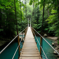 熱帯雨林の中の木製吊り橋が、澄んだ川の上に架かる。背景に濃い緑