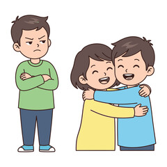 Envy and Affection: An illustrative depiction of a man feeling envy towards a happy couple hugging each other. 