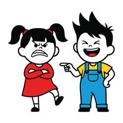 Cartoon Kids in Dispute: A cartoon boy teases a girl, capturing playful childhood conflicts.