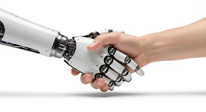 A symbol of human-machine collaboration and technological advancement, the image captures a powerful handshake between a human and a robot, signifying trust and cooperation.