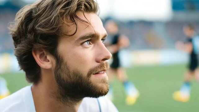Soccer field setting with an intense male player in action during a competitive match representing athletic performance, competitive spirit, sportsmanship, physical endurance, team sports - Powered by Adobe