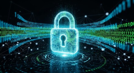 An illuminated digital lock represents online security, data protection, and privacy, set against a dark, tech-inspired backdrop with binary code and glowing circuits.
