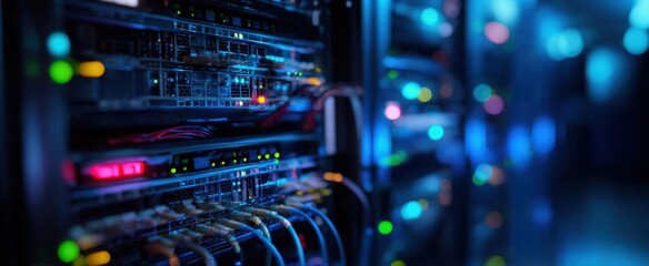 Obraz premium The illuminated server room showcasing advanced networking technology and connections.