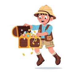 Treasure Hunter's Discovery: An animated image of a young adventurer in safari attire unearthing a treasure chest filled with glistening gems.