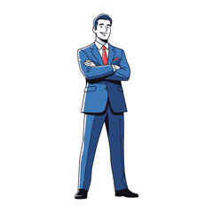 Confident Business Professional: A charismatic male business professional in a sharp suit, arms crossed, exuding authority and confidence. Perfect for illustrating success and professionalism.