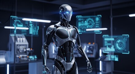 Naklejka premium A futuristic humanoid robot, standing tall and poised in a high-tech laboratory, exuding innovation and technological advancement.