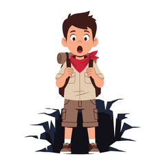 Adventurous Surprise: A young explorer stands in awe, his eyes wide with wonder, as he gazes upon an unexpected discovery amidst the wilderness.