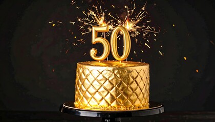 Luxurious golden fiftieth birthday celebration cake with lit sparkling number candles against a dark background, perfect for a milestone event