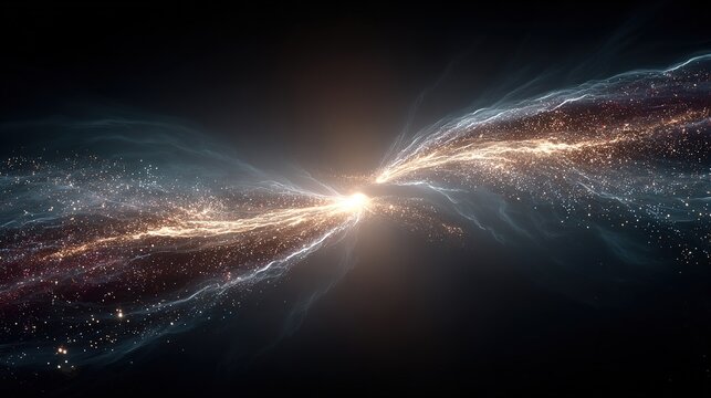 Two supermassive black holes in a cosmic dance, connected by energy streams across vast interstellar distance