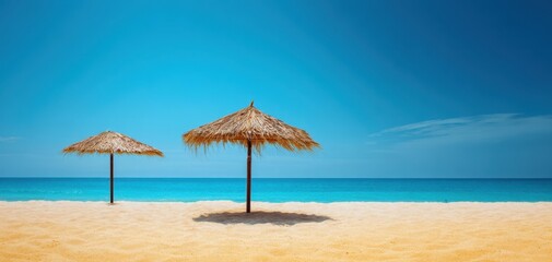 Fototapeta premium The tranquil beach scene with thatched umbrellas and crystal-clear ocean.