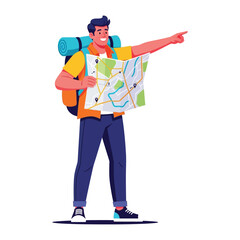 Adventurer's Journey: A determined traveler stands, map in hand, pointing towards an exciting new adventure. With a confident pose and detailed travel map, he's ready for exploration.