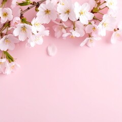 Fototapeta premium Delicate cherry blossoms on a pastel pink background