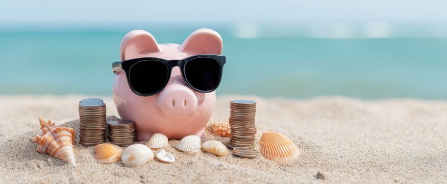The playful piggy bank wearing sunglasses on the beach with coins and shells.
