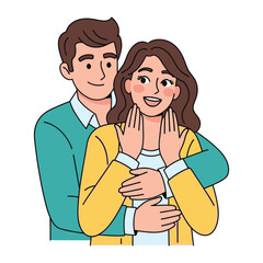 Loving Embrace: A happy couple shares an intimate embrace, their eyes sparkling with mutual affection. The illustration captures the simple joy of love and the comfort of a shared moment.