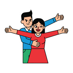 Affectionate Embrace of a Young Couple : A vibrantly colored illustration captures a young couple in a romantic embrace, arms outstretched in a pose expressing joy, love, and connection.