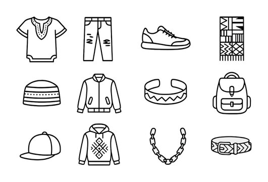 Afro-Urban Icon Set. Outline icon set of afro-urban style: dashiki shirt, ripped jeans, sneakers, kente scarf,