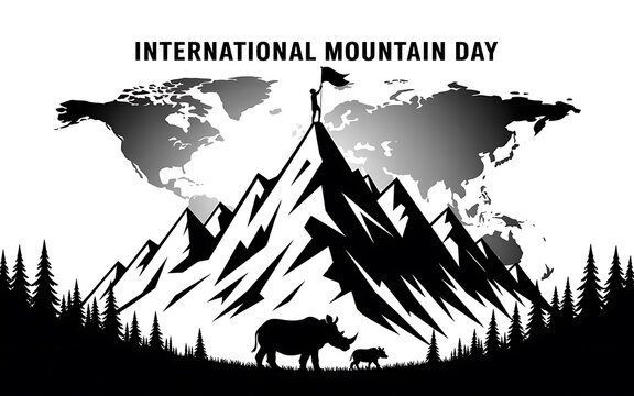 International mountain day celebration with world map and rhino family