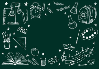 Back To School symbol, doodle, frame, hand drawn set	
