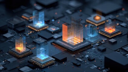 Futuristic cityscape rendered on microchips, showcasing technological advancements and digital infrastructure