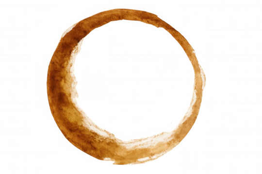 Coffee cup stain creating circular brown ring mark, revealing authentic texture against transparent backdrop
