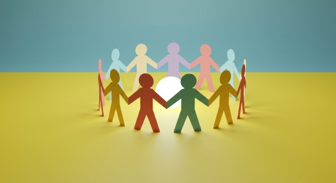 Colorful paper cutout people create a circle embodying global unity connection and community