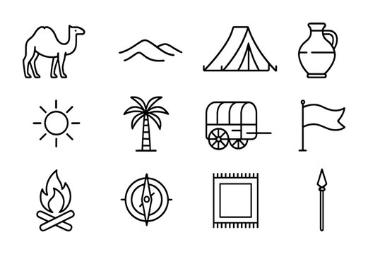 Desert Micro-Nations Icons. Outline icon set of desert micro-nations: camel, sand dune, tent, water jug, sun