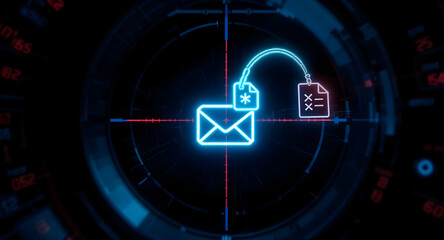 Cybersecurity Concept: Glowing Email Envelope with Attached File Targeting System, Digital Threat Visualization