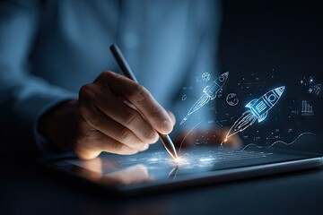 Hand sketching rocket launch on tablet, symbolizing innovative startup ideas and business growth