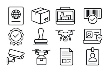 Droneport Inspection Icons. Outline icon set of droneport customs inspection: passport, package, X-ray scanner
