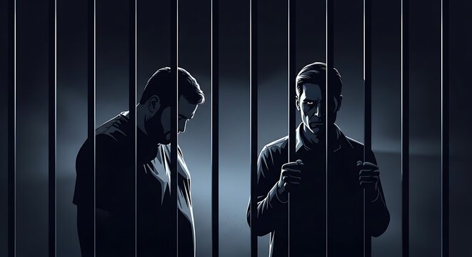 Sad, serious silhouette of a man in jail behind black bars