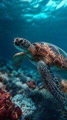 Fototapeta premium Close-up of a Sea Turtle Swimming over a Coral Reef