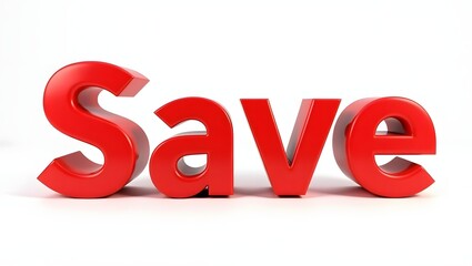 Photorealistic image of the word "Save" in bold, glossy red letters. The shiny metallic finish and smooth edges create depth, with minimal shadows on a white background.
